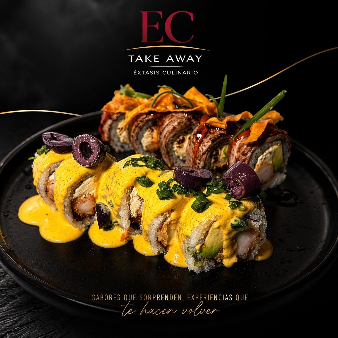 Maki Andino con salsa huancaína y aceitunas